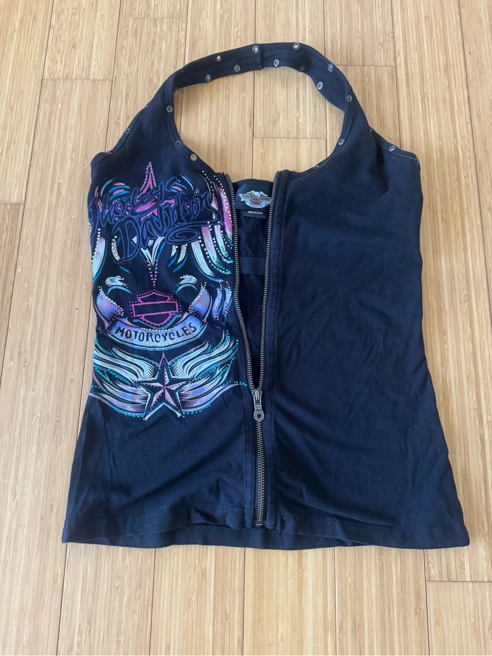 ❤️‍🔥Harley-Davidson Sexy Halter Zip Front Multicolor Embroidered Graphic.❤️‍🔥